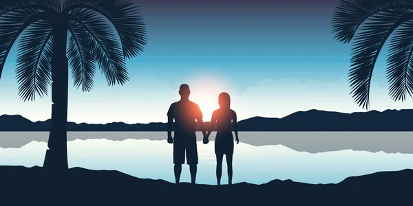 Пара наслаждаться закатом на красивом пальмовом пляже — стоковый вектор