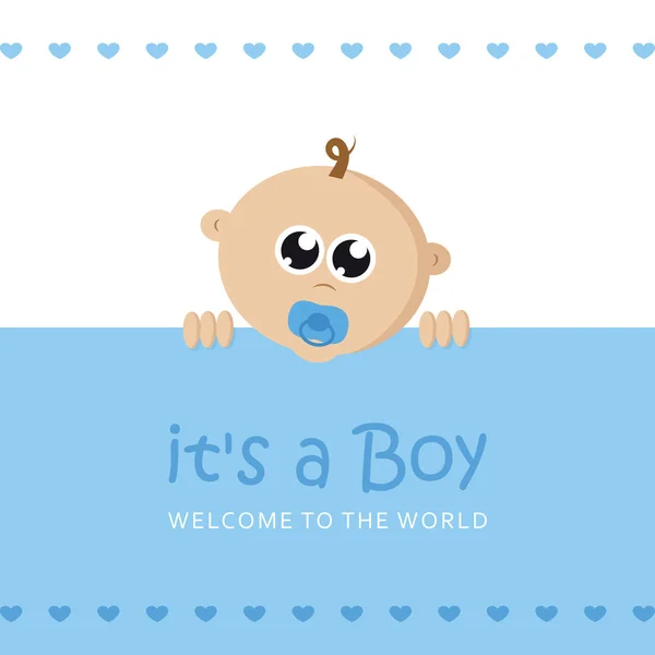 Es un niño tarjeta de felicitación de bienvenida para el parto con cara de bebé — Vector de stock