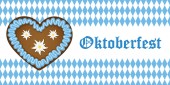 Oktoberfest-Banner mit Lebkuchenherz auf Bayern-Fahne Hintergrund blau-weiß