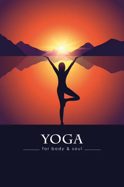 Gün batımında dağ manzara ile göl kenarında beden ve ruh meditasyon kadın siluet için yoga — Stok Vektör