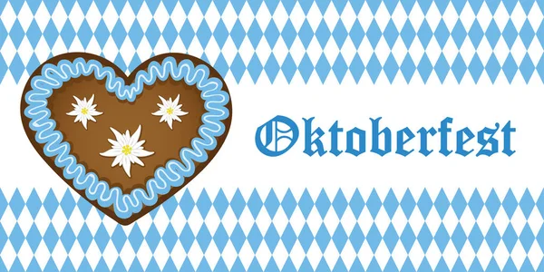 Bandeira oktoberfest com coração de gengibre no fundo da bandeira da baviera azul e branco — Vetor de Stock