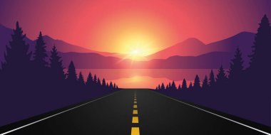 Orman, dağ manzarası ile gündoğumu göle giden yol