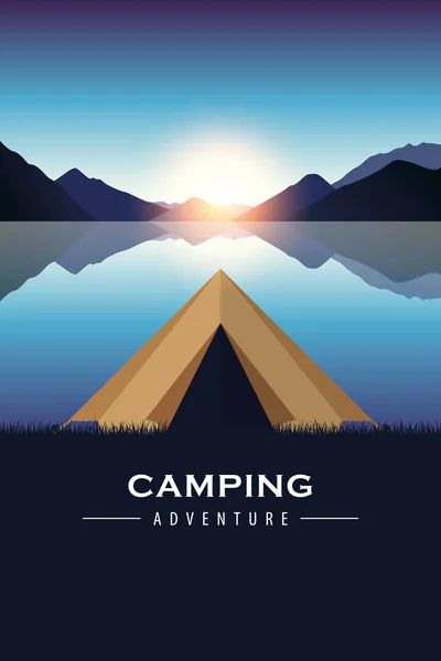 Camping adventure tent by the lake with blue mountain landscape — Stock Vector