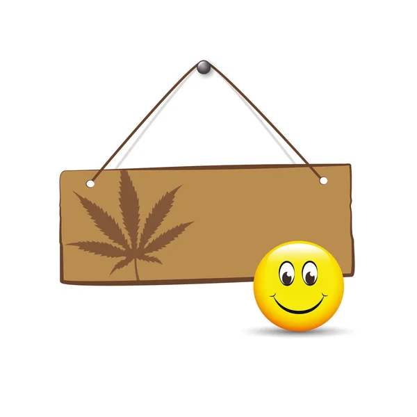 Holzschild mit Cannabis-Unkrautblatt und lustigem Lächeln — Stockvektor