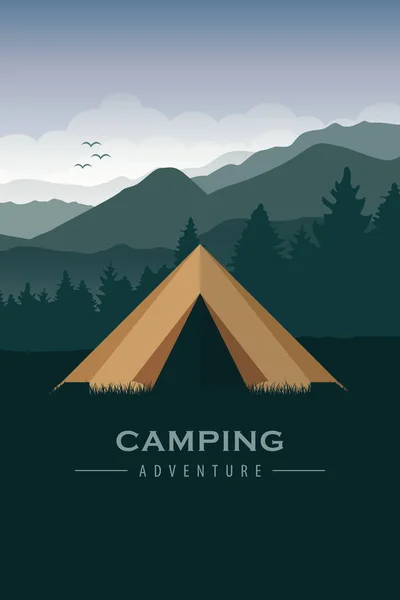 Camping adventure tent at green mountain and forest landscape — Stock Vector