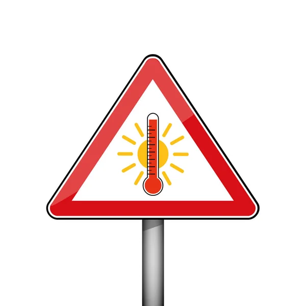 Señal de advertencia roja triangular con el icono del termómetro de calor y el sol — Vector de stock