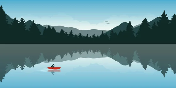 Kesepian kano petualangan dengan perahu merah hutan lanskap - Stok Vektor