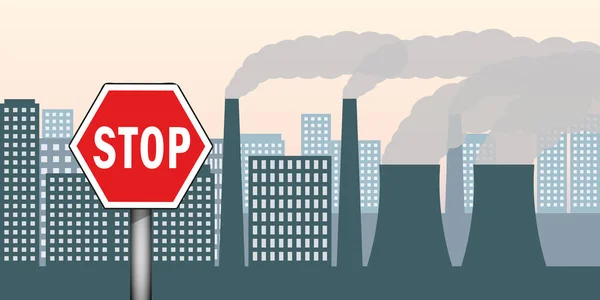 City and industry with air pollution industry smog and stop warning sign — Stock Vector