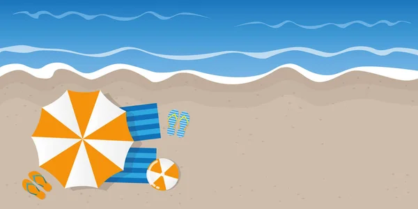 Καλοκαιρινές διακοπές στην παραλία πάνω θέα με σαγιονάρες σαγιονάρες και μπάλα — Διανυσματικό Αρχείο