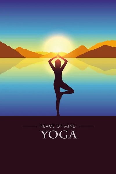 Paz de la mente mujer hace silueta de yoga junto al lago con el paisaje de montaña de otoño al atardecer — Vector de stock