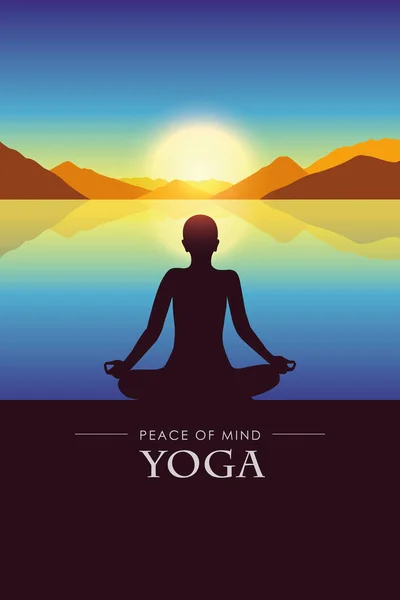 Silueta de yoga paz de la mente junto al lago con el paisaje de montaña de otoño al atardecer — Vector de stock