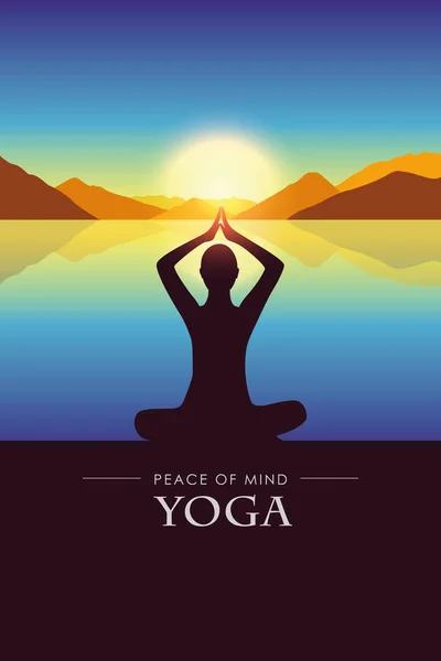 Pace della mente silhouette yoga in riva al lago con paesaggio di montagna autunno al tramonto — Vettoriale Stock