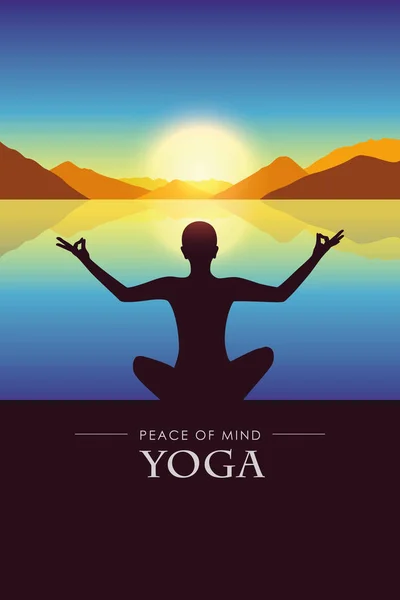 Gün batımında sonbahar dağ manzara ile göl kenarında yoga silueti huzur — Stok Vektör