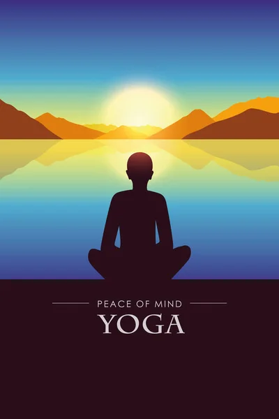 Silueta de yoga paz de la mente junto al lago con el paisaje de montaña de otoño al atardecer — Vector de stock