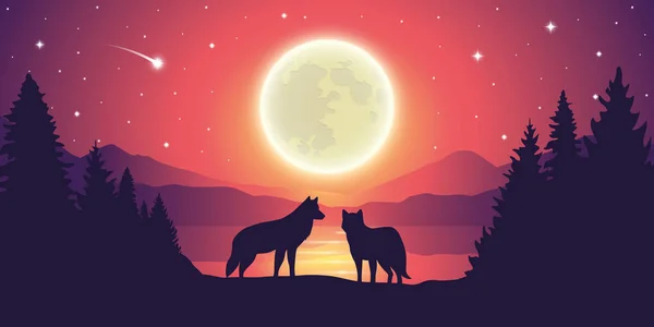 Два волка у озера фиолетовый горный пейзаж с полной луной и звездным небом — стоковый вектор