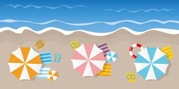 Καλοκαιρινές διακοπές σε μια τουριστική θέα στην παραλία με ομπρέλα σαγιονάρες και ζώνη ζωής — Διανυσματικό Αρχείο