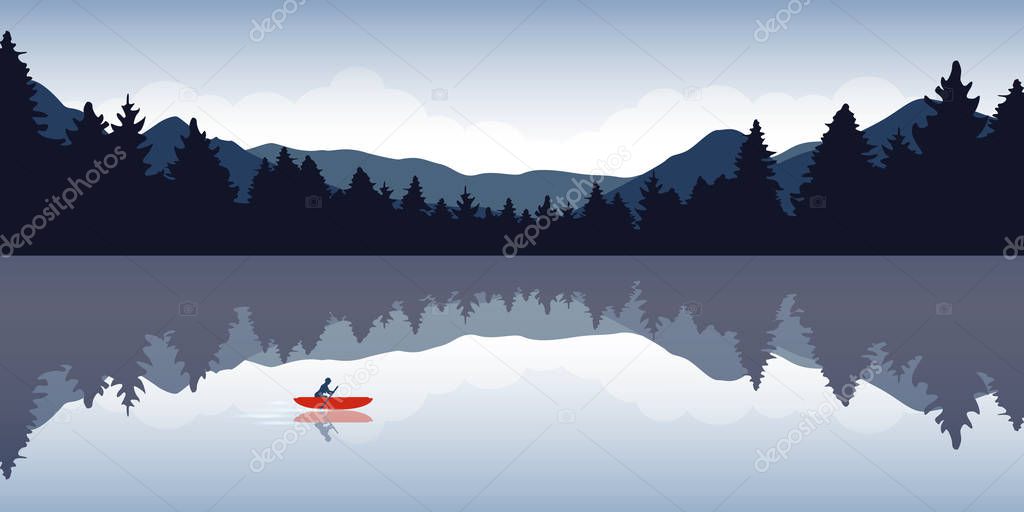 lonely canoeing adventure with red boat forest landscape