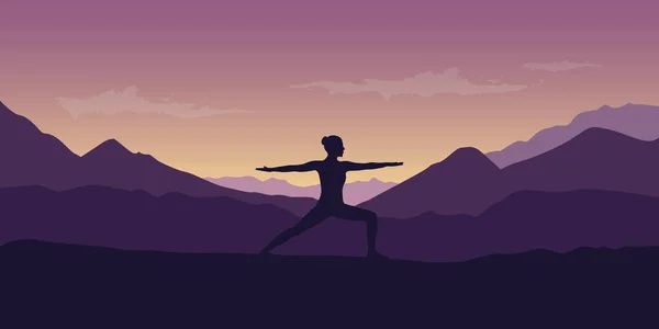 Woman makes yoga pose at beautiful purple mountain nature landscape — Stock Vector