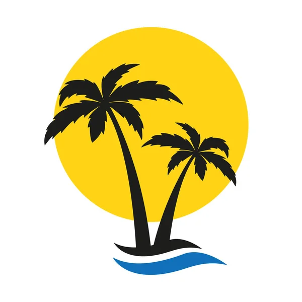 Palme Silhouette Sommerurlaub Ikone mit Sonne und Welle — Stockvektor