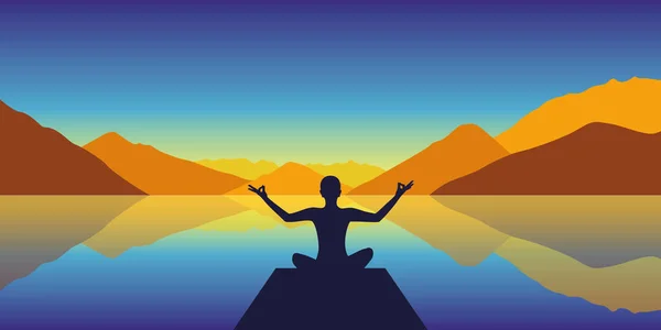 Meditation Silhouette am See mit herbstlichen Bergen Hintergrund — Stockvektor