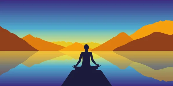 Silueta de meditación junto al lago con fondo de montañas de otoño — Vector de stock