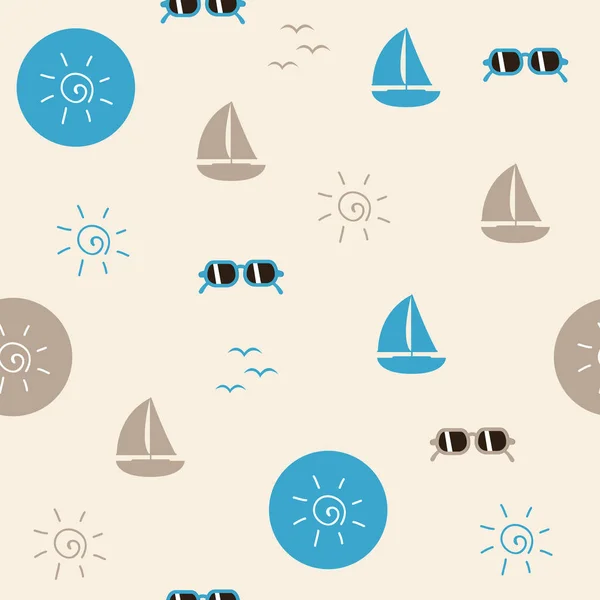 Seamless pattern beach life sail boat sunglasses and sun symbol — Stock Vector