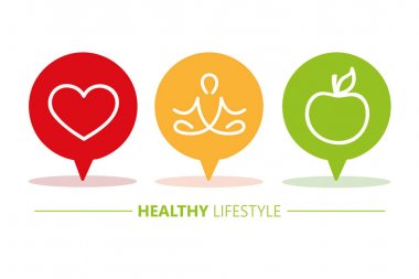 sağlıklı yaşam tarzı simgeleri konuşma kabarcıklar kalp yoga ve elma