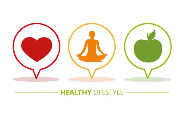 Healthy lifestyle icons speach bubbles heart yoga and apple — Stock Vector