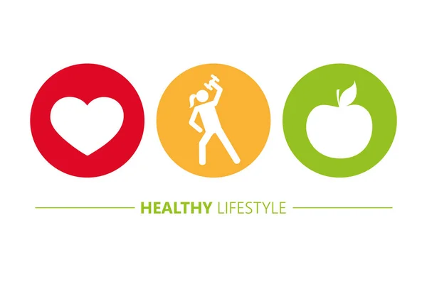 健康的生活方式图标心脏运动和苹果 — 图库矢量图片