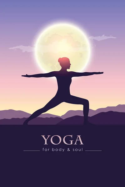 Yoga para cuerpo y alma meditando silueta de persona por luna llena — Vector de stock