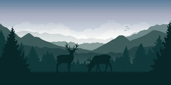 Duas renas da vida selvagem na paisagem verde da montanha e da floresta —  Vetores de Stock