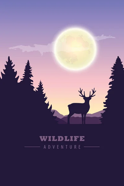 Wildlife Adventure Elk i vildmarken på natten av fullmåne — Stock vektor