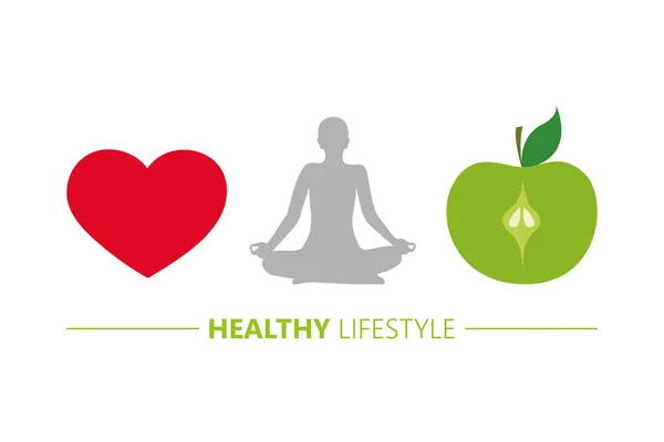 Hälsosam livsstil koncept hjärta yoga och grönt äpple — Stock vektor