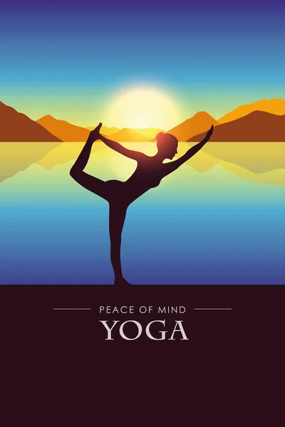 Paz de la mente mujer hace silueta de yoga junto al lago con el paisaje de montaña de otoño al atardecer — Vector de stock