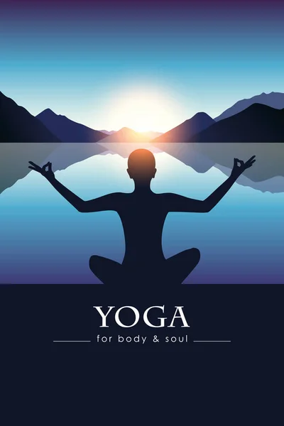 Йога для тела и души медитирующий человек силуэт у озера с голубым горным ландшафтом — стоковый вектор