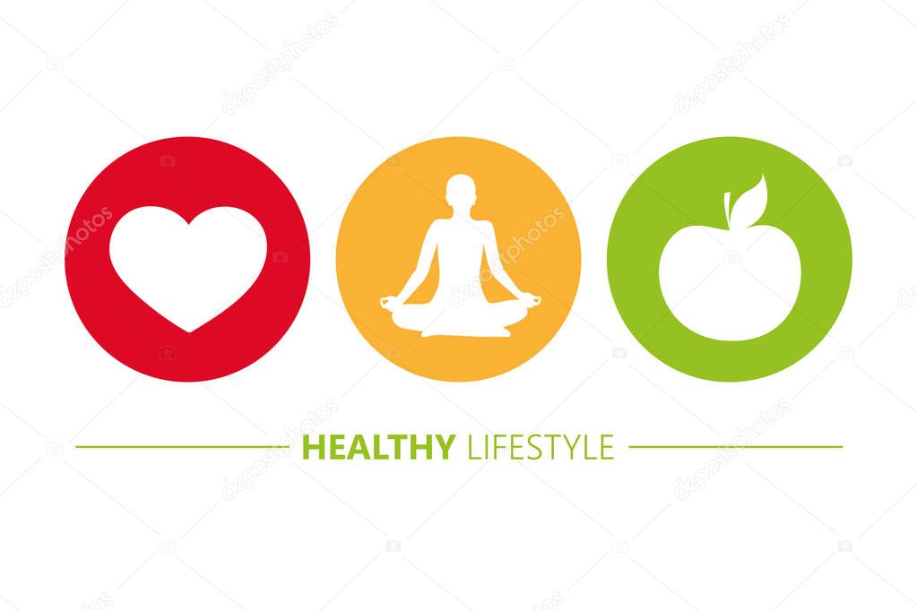 healthy lifestyle icons heart yoga and apple
