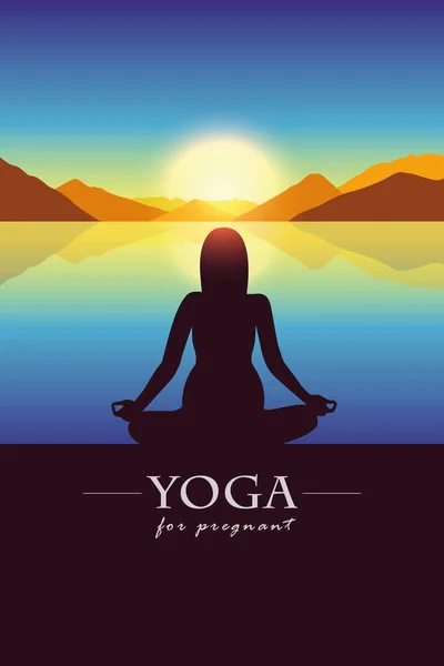 Hamile kadın günbatımı sonbahar dağ manzara ile göl Yoga siluet yapar — Stok Vektör