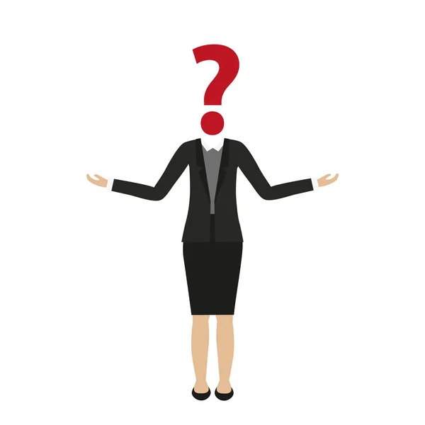 Personagem mulher de negócios com cabeça ponto de interrogação — Vetor de Stock