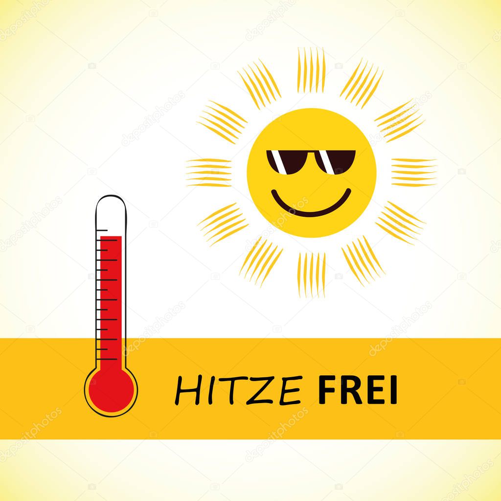 happy smiling summer sun with sunglasses and german text heat free