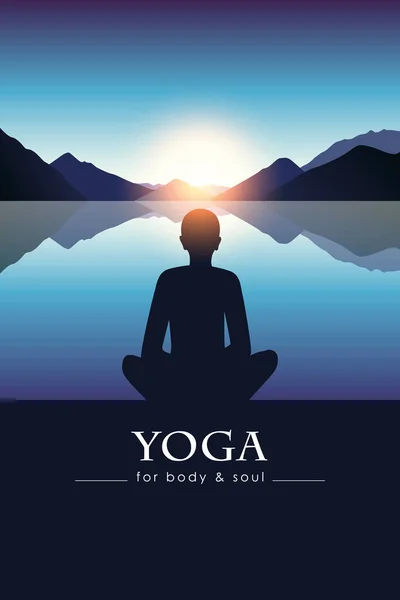 Yoga för kropp och själ mediterar person silhuett vid sjön med Blåttberg landskap — Stock vektor