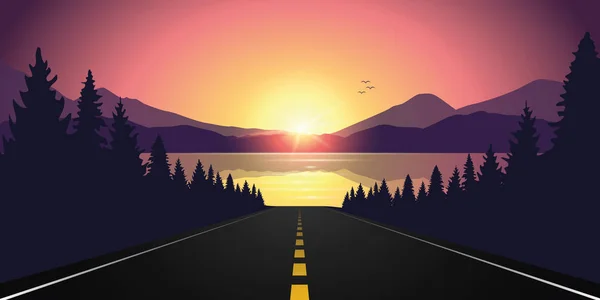 Camino al lago en el bosque al amanecer con paisaje de montaña — Vector de stock