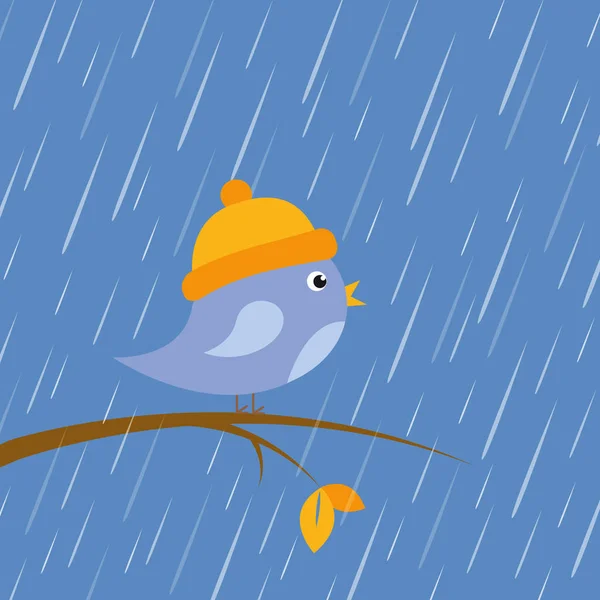 Söt liten fågel som sitter på en filial vid höst regn — Stock vektor