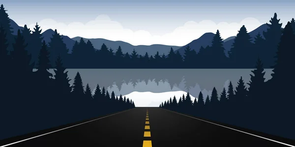 Road to the lake in the forest with blue mountain landscape — Stock Vector