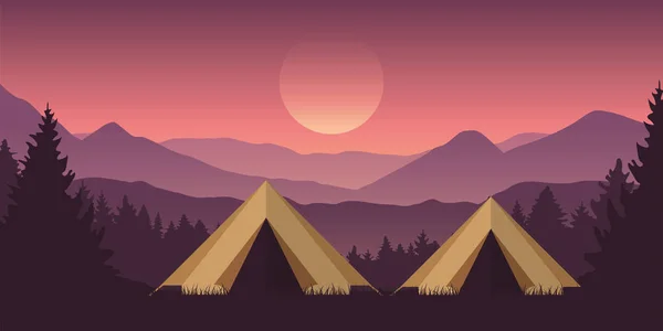 Camping aventure dans la nature sauvage deux tentes dans la forêt avec paysage de montagne — Image vectorielle