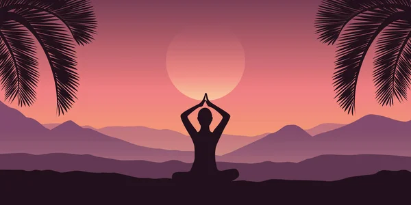 Vreedzame meditatie in tropisch rood berglandschap in paarse kleuren — Stockvector
