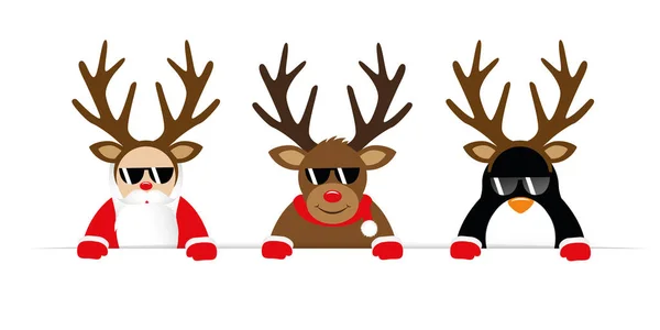 Drôle de dessin animé de Noël avec de mignons rennes Père Noël claus et pingouin avec des lunettes de soleil et bois — Image vectorielle