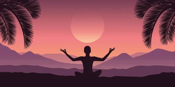 Békés meditáció a trópusi vörös hegyi táj, lila színben — Stock Vector