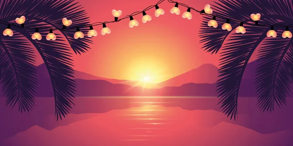 Pôr do sol romântico na praia paradisíaca com luz de fada do coração — Vetor de Stock