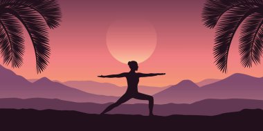 kız mor renklerde tropikal kırmızı dağ manzara yoga yapar