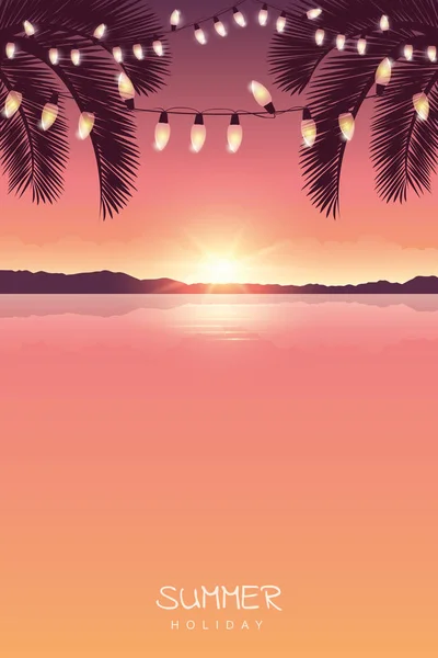 Verano vacaciones diseño mar al atardecer con luz de hadas y palmeras — Vector de stock